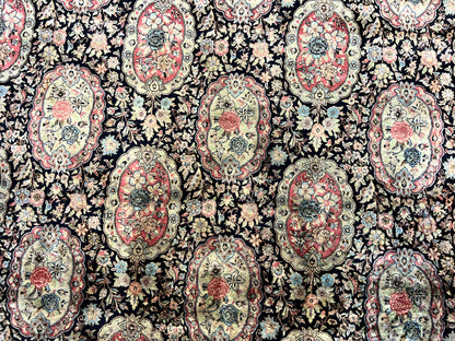 Sino Persian Rug 9x12, Navy Blue and Pink Hand Knotted Wool and Silk Highlights Vintage Oriental Carpet, Handmade Floral Area Rug 9 x 12 ft