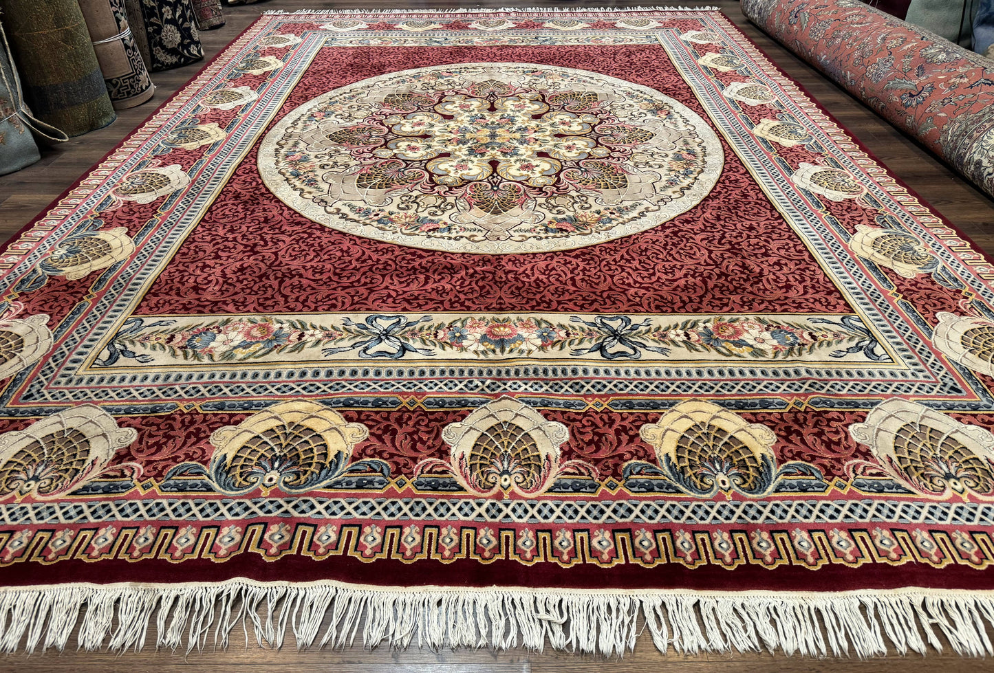 Wonderful Aubusson Rug 10x14, Red Maroon, Elegant, Fine 200 KPSI