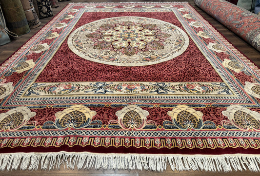 Wonderful Aubusson Rug 10x14, Red Maroon, Elegant, Fine 200 KPSI