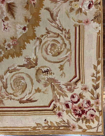 Aubusson Needlepoint Rug 4x5 ft, Beige and Tan, Aubusson Savonnerie Vintage Carpet, Handwoven Handmade Wool Rug, European Design Floral Rose
