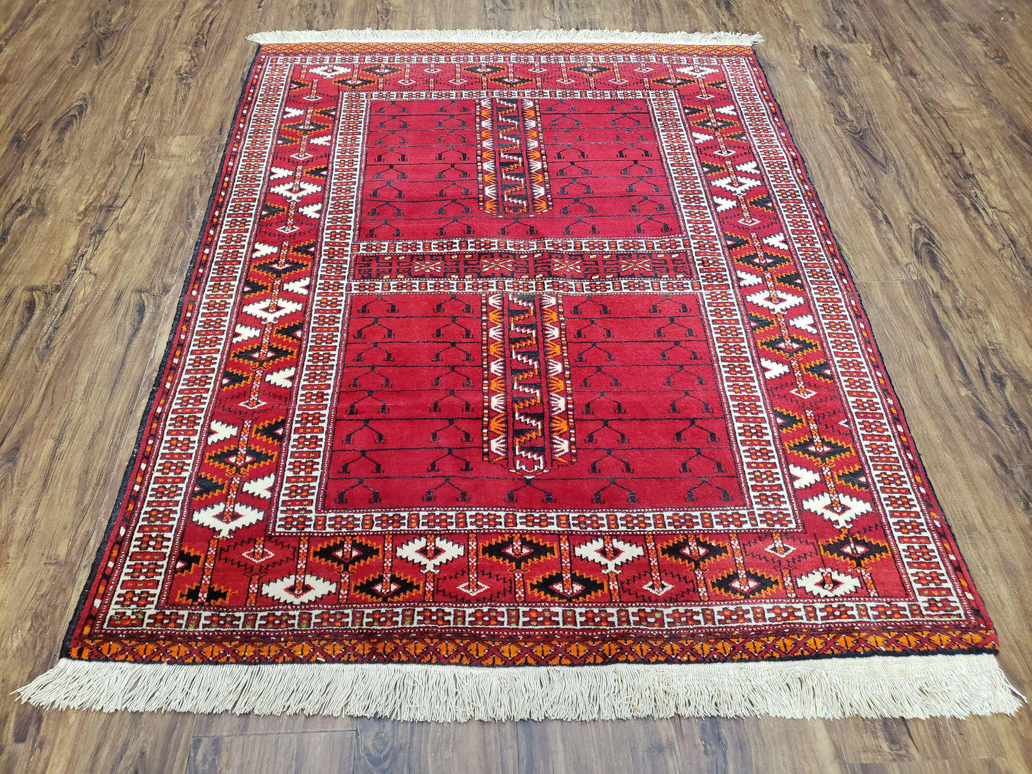 Antique Persian Turkoman Rug 4x5, Hatchli Tekkeh Ersari Red Tribal Rug, Handmade Wool Oriental Carpet, Four Seasons Rug