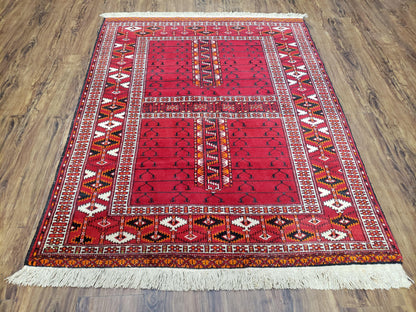 Antique Persian Turkoman Rug 4x5, Hatchli Tekkeh Ersari Red Tribal Rug, Handmade Wool Oriental Carpet, Four Seasons Rug
