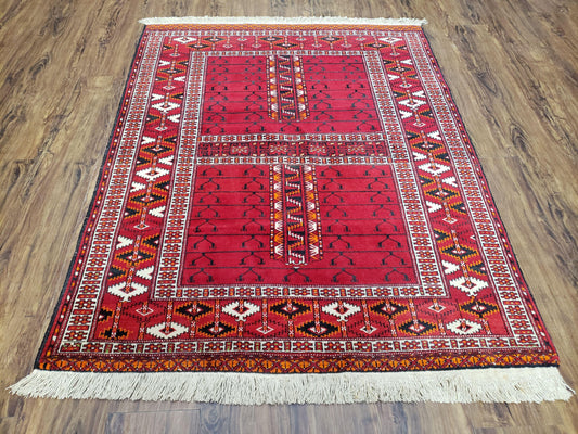Antique Persian Turkoman Rug 4x5, Hatchli Tekkeh Ersari Red Tribal Rug, Handmade Wool Oriental Carpet, Four Seasons Rug