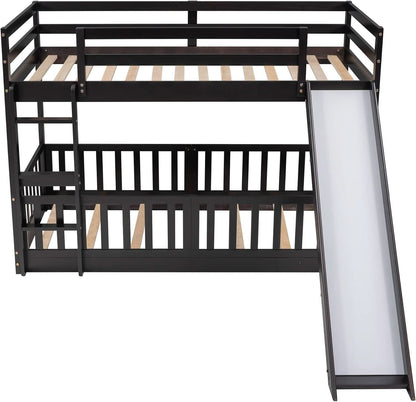 Twin Over Twin Floor Bunk Bed With Slide And Ladder