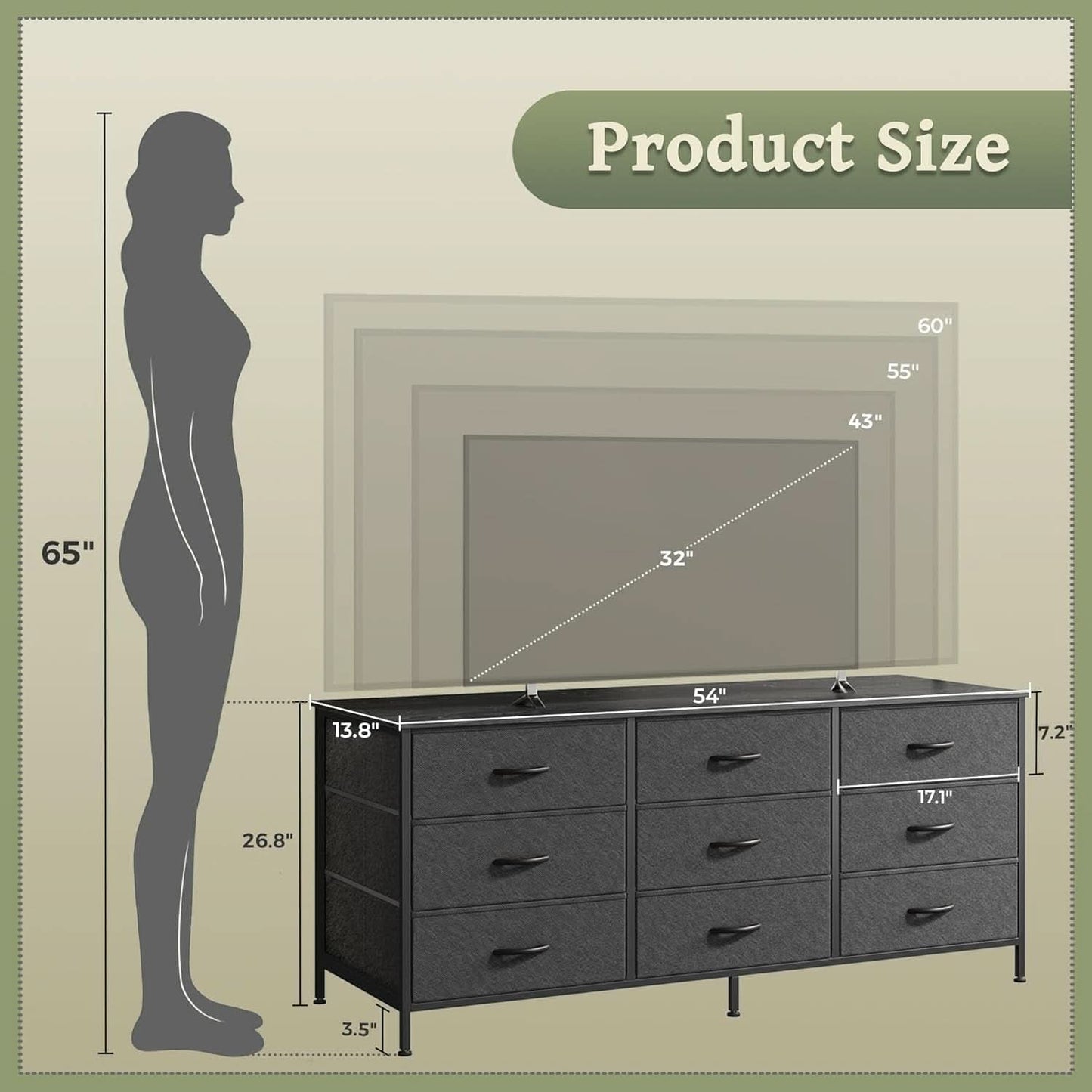 9 Drawer Dresser TV Stand for 55 Inch TVs Black Storage