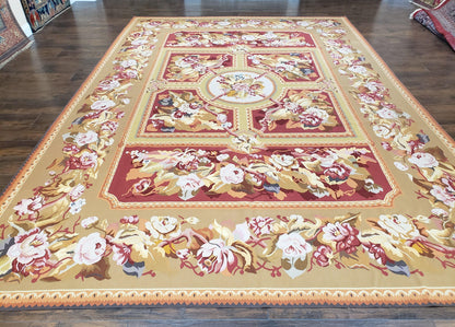 Vintage Chinese Aubusson Savonnerie Flat Pile Rug 9.9 x 14.5 Wool Handwoven Red & Khaki Large Flowers Rug 9x14 - 10x15 Michaelian Kolhberg