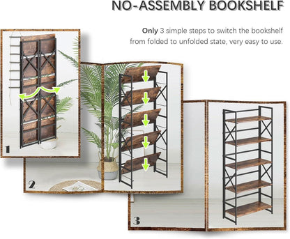 5 Tier Folding Bookshelf No Assembly Rustic Brown Storage