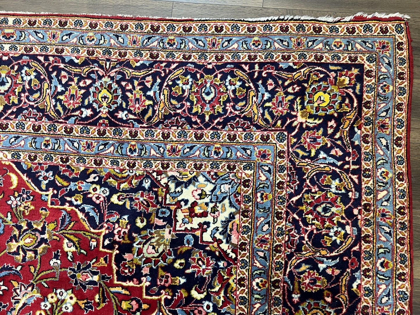 Persian Kashan Rug 9x12, Red Navy Blue, Allover Floral Medallion & Corner Design, Handmade Wool Oriental Carpet, Semi Antique Traditional Carpet