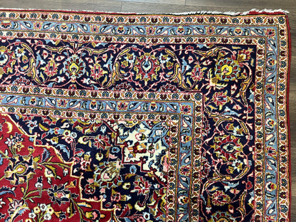 Persian Kashan Rug 9x12, Red Navy Blue, Allover Floral Medallion & Corner Design, Handmade Wool Oriental Carpet, Semi Antique Traditional Carpet