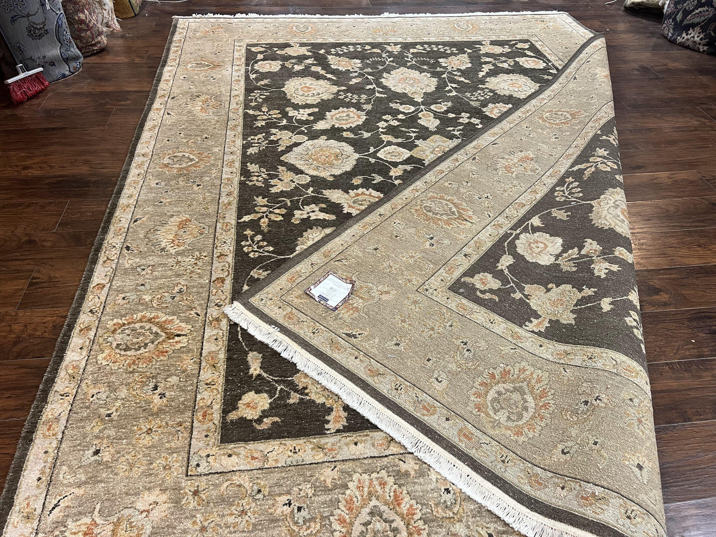 Indo Persian Rug 9x12, Sultanabad Indian Carpet, Dark Brown, Hand Knotted Vintage Wool Rug