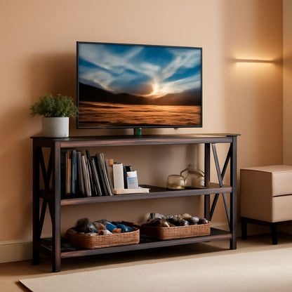 Rustic 47 Inch 3 Tier Sofa Console Table With Open Shelves