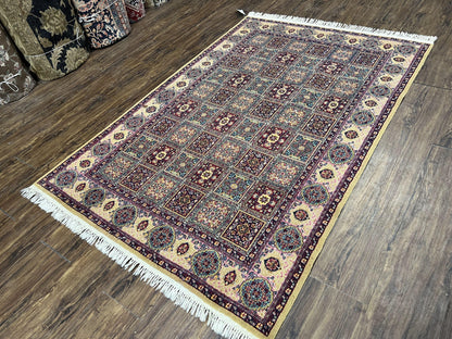 Indo Persian Silk Rug 4x6, Panel Design, Small Flowers, Hand Knotted, Fine Weave, Oriental Carpet 4 x 6, Vintage Area Rug, Beautiful Rug