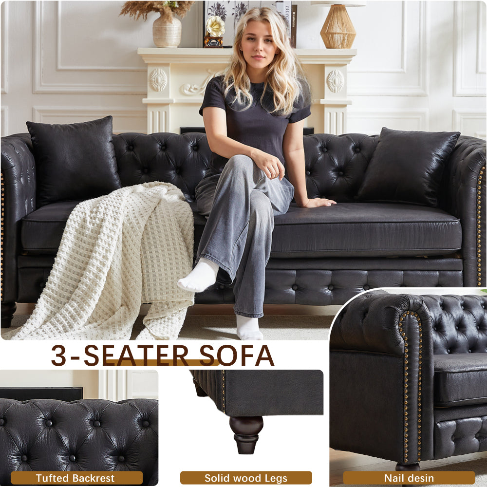85.5" Chesterfield Sofa 3-Seater | Tech Fabric with Button Tufting, Rolled Arms & Wood Legs — Brown / Black