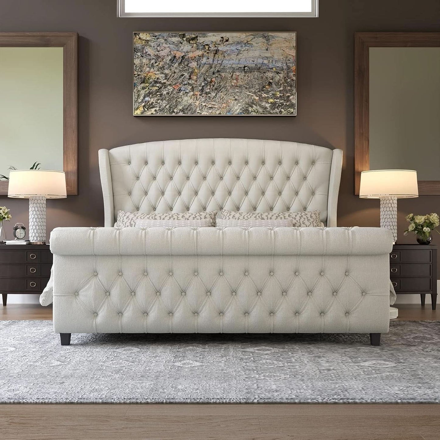 Queen Size Chenille Upholstered Sleigh Platform Bed with Button Tufted Headboard