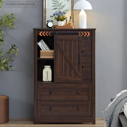 Espresso Dresser With FiveDrawers Sliding Barn Doors