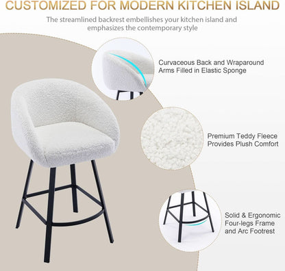 26 Inch Swivel Counter Stool White Sherpa Upholstered Bar Stool For Kitchen Counter