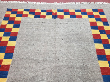 New Turkish Kilim Area Rug, Gray Carpet With Colorful Checker Border, 5'6" x 8", Flatweave Carpet, Playroom Rug, Kids Room Rug, Hand-Knotted