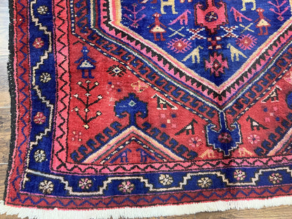 Persian Tribal Rug 5x7, Wool Handmade Vintage Hamadan Nahavand Carpet, Red & Navy Blue, Animal Motifs, Geometric Oriental Rug 5 x 7