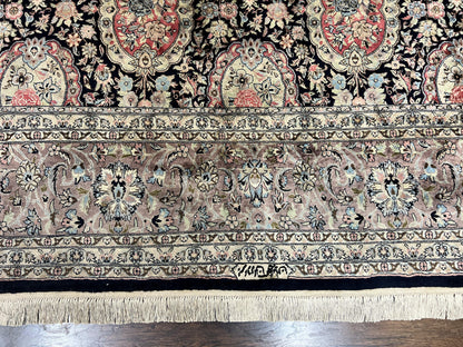 Sino Persian Rug 9x12, Navy Blue and Pink Hand Knotted Wool and Silk Highlights Vintage Oriental Carpet, Handmade Floral Area Rug 9 x 12 ft