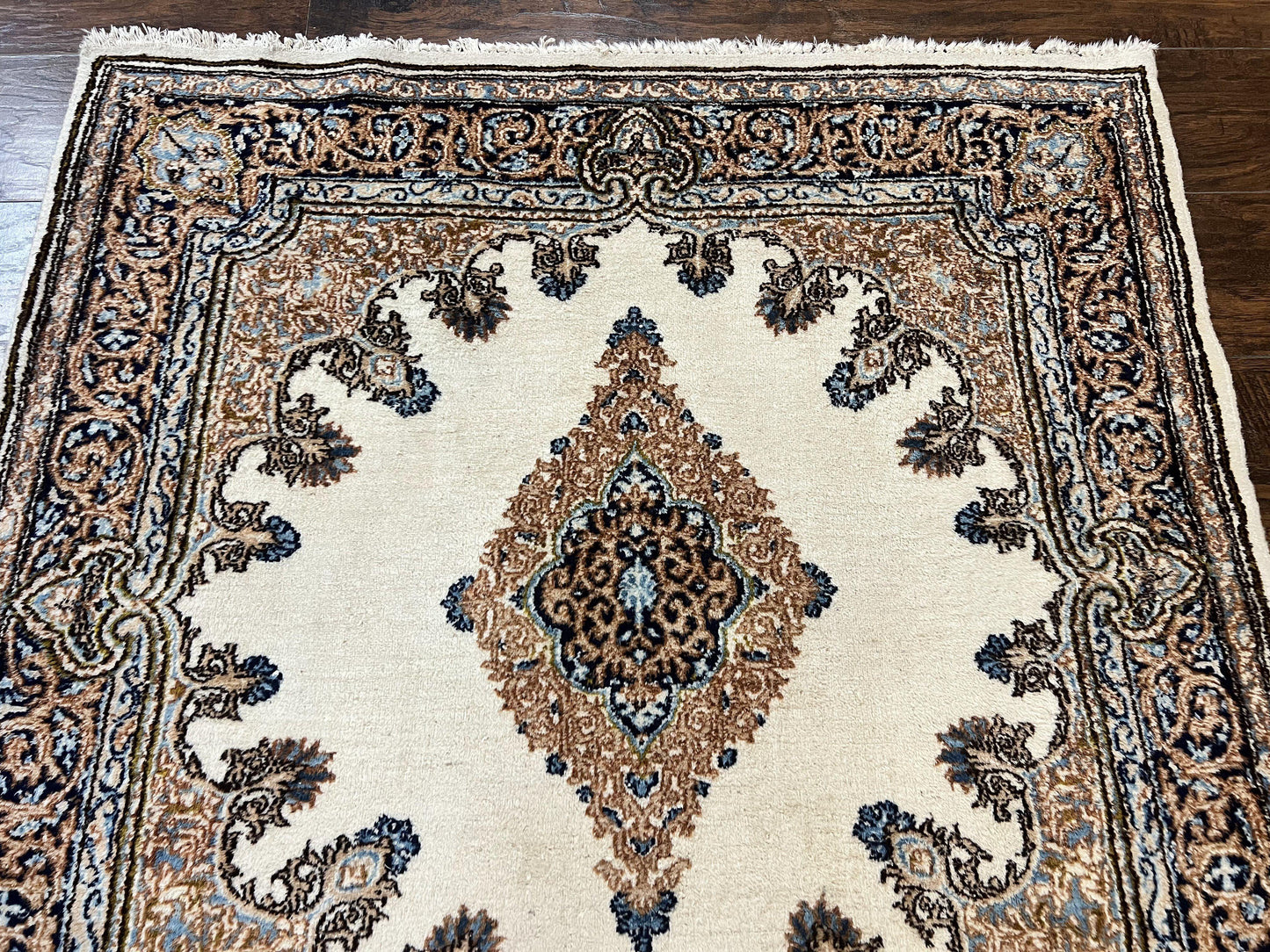 Square Persian Kirman Rug 4x4, Semi Open Field, Handmade