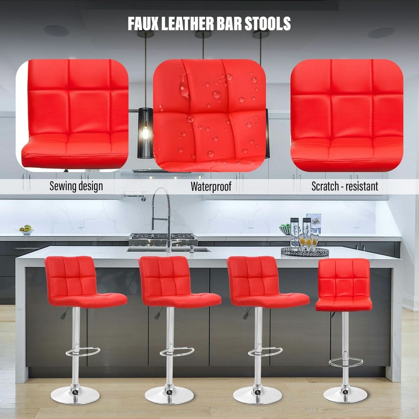 Red Adjustable Swivel Bar Stools Set Of 2 PU Leather