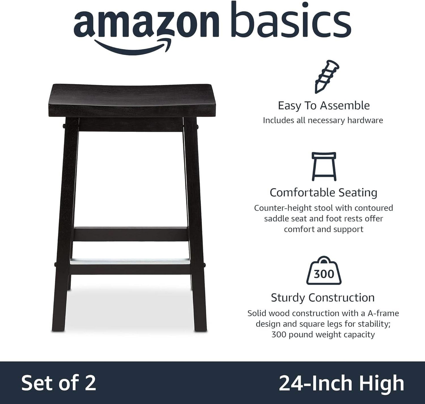 Solid Wood Saddle Bar Stool Counter Height Set 2 Black 24In
