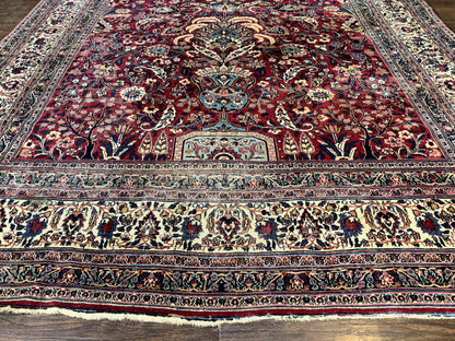 Antique Persian Mashad Rug 10x12, Red and Ivory, Signed by Master Weaver