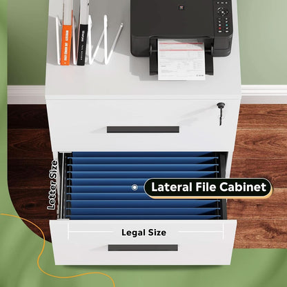 2 Drawer White Wood Lateral File Cabinet With Lock For Office Or Home Use Fits Any Desk
