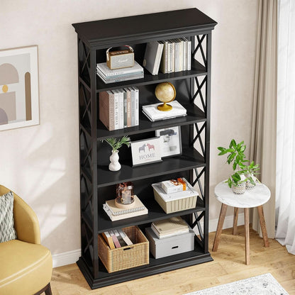 71 Inch 6 Tier Industrial Bookcase Floor Standing All Black