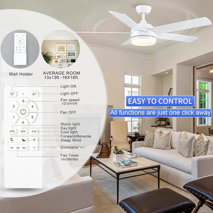 52 Inch White Ceiling Fan With Dimmable LED Lights