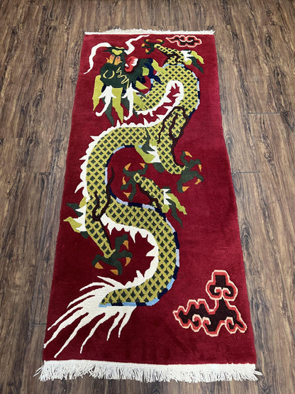 Vintage Chinese Dragon Rug 3 x 6.8, Handmade Hand Knotted Red Chinese Carpet with Gold Dragon, Art Deco Peking Soft Chinese Rug Runner