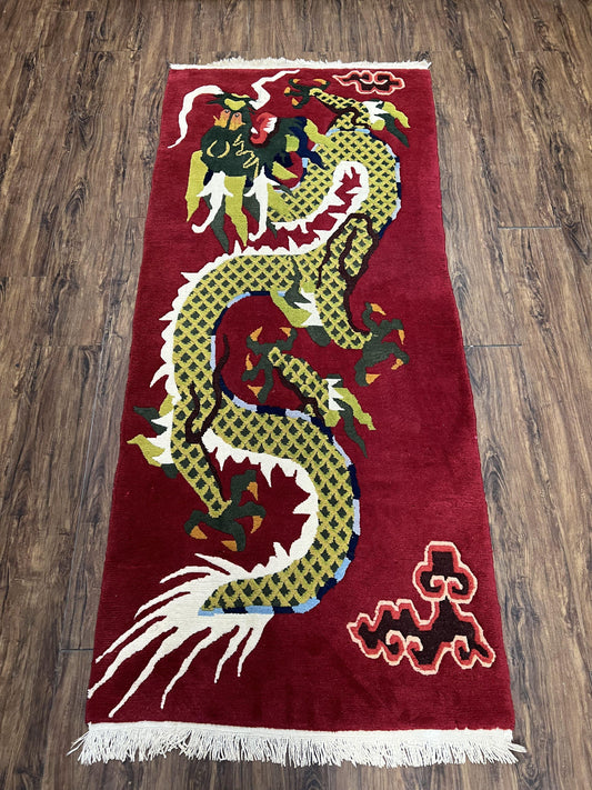 Vintage Chinese Dragon Rug 3 x 6.8, Handmade Hand Knotted Red Chinese Carpet with Gold Dragon, Art Deco Peking Soft Chinese Rug Runner