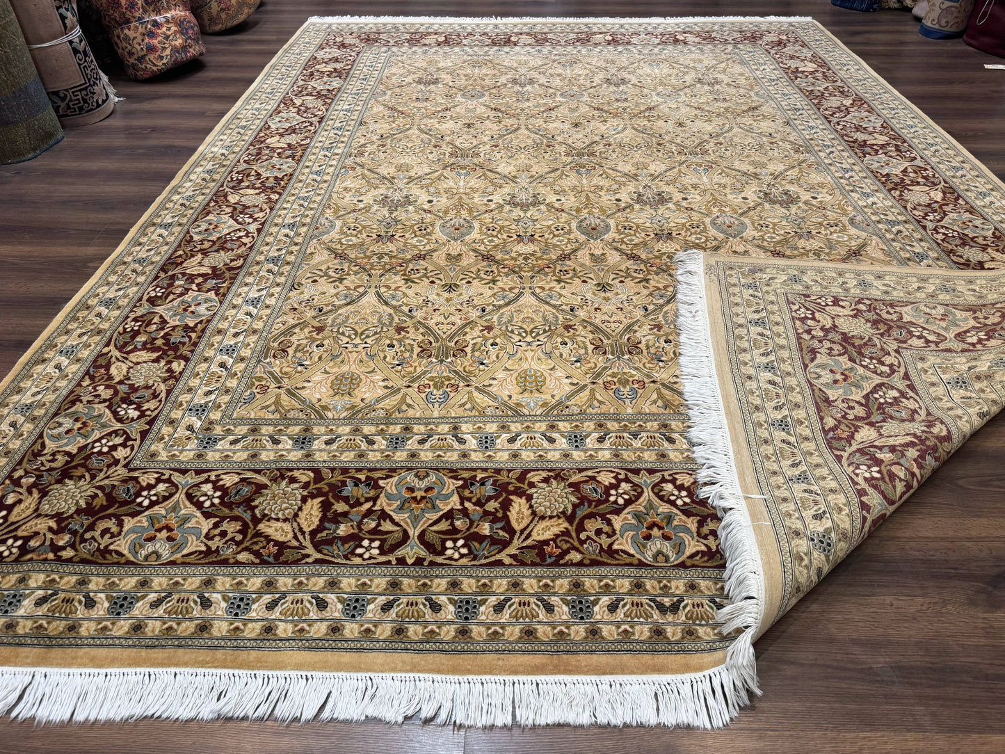 Fine Pak Persian Rug 9x12, Gold and Wine Red, Panel Design, 330 KPSI