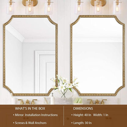 30 X 40 Inch Wall Mirror With Antique Gold Beaded Frame