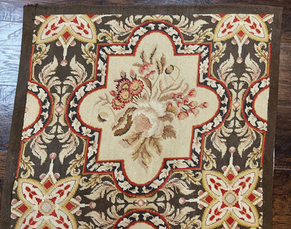 Needlepoint Runner Rug 2.8 x 9.8, Brown and Beige, Handwoven Handmade Floral French European Design, Vintage Flatweave 10ft Wool Runner Rug