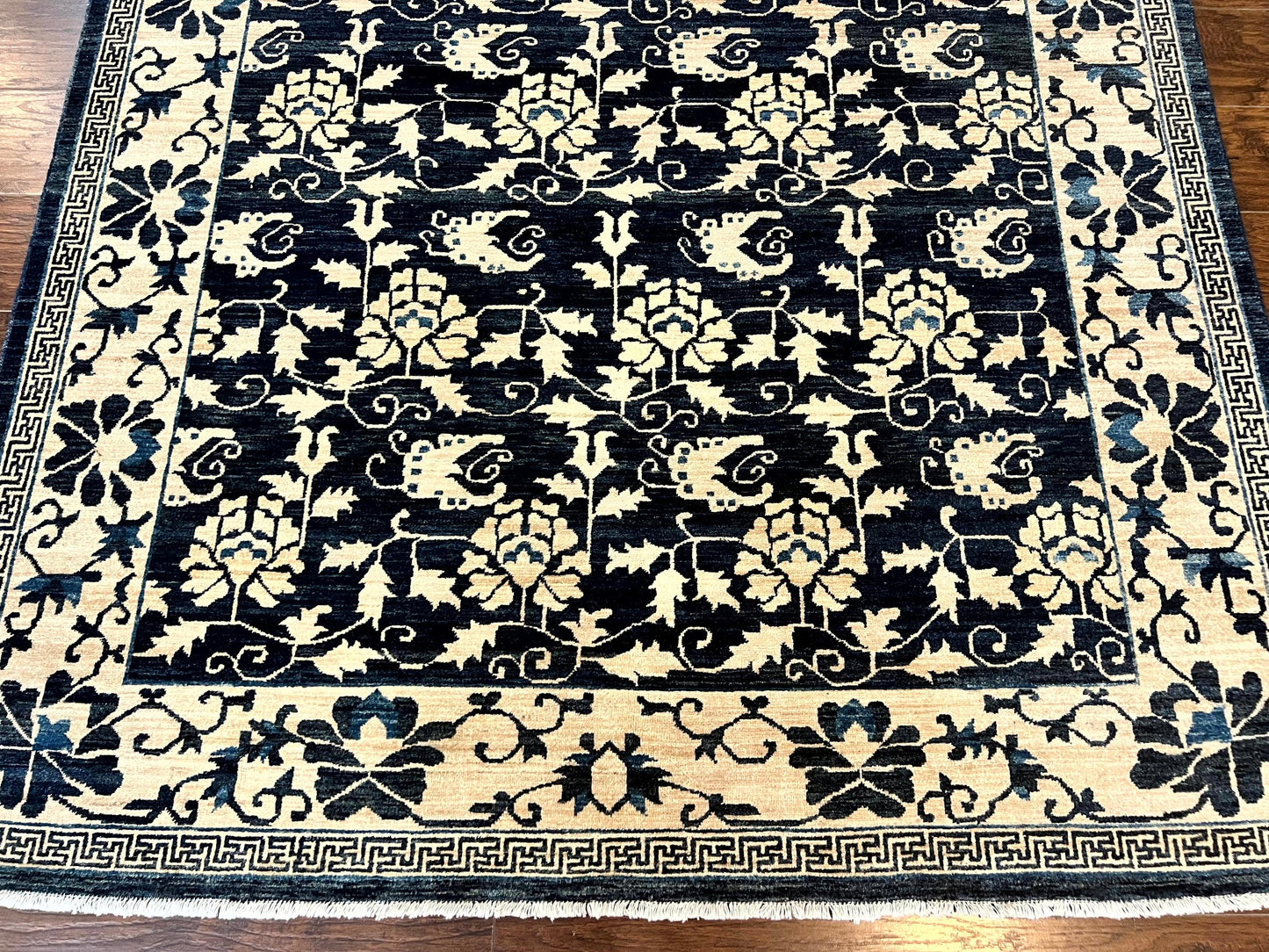 Sino Persian Rug 6x9, Hand Knotted Wool Carpet, Floral Allover, Blue Cream-Tan