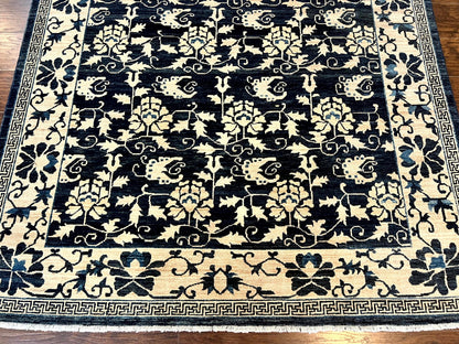 Sino Persian Rug 6x9, Hand Knotted Wool Carpet, Floral Allover, Blue Cream-Tan