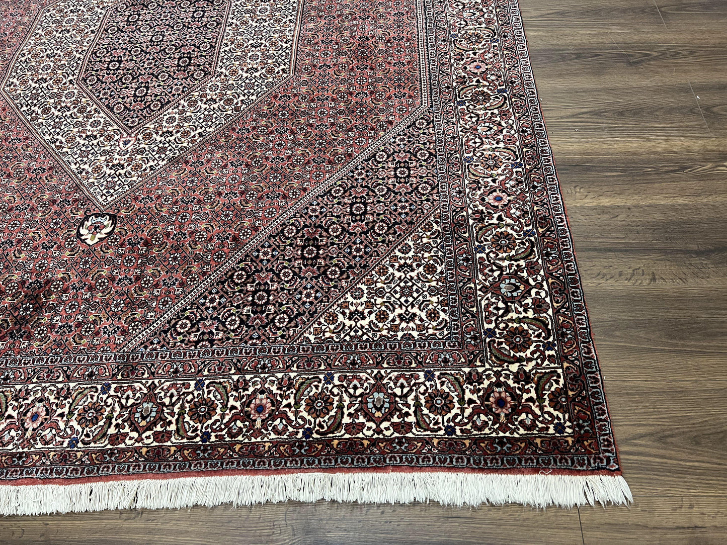 Wonderful Persian Bidjar Rug 7x8 ft, Almost Square Oriental Carpet, Herati Mahi, Highly Detailed, Ivory Red Navy Blue, Very Fine Handmade Bijar Rug