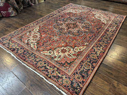 Persian Heriz Rug 6.6 x 9, Geometric Wool Persian Carpet