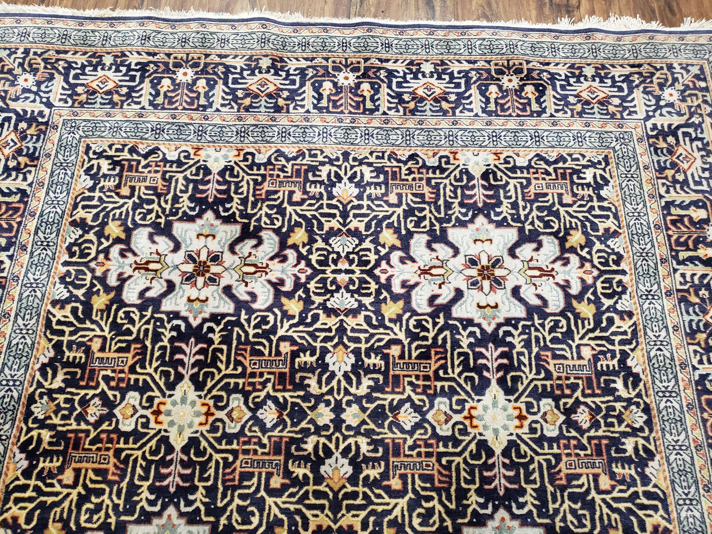 Antique Persian Kashan Rug, Midnight Blue & Ivory, Hand-Knotted, Wool, 4' 8" x 7' 4", Pair B