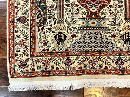 Pak Perisan Prayer Rug 4x6, Tree of LIfe Carpet, Handmade Vintage Wool Rug, Beige, Floral Vases