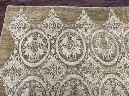 Tibetan Rug 12x15, Wool Hand Knotted Carpet, Odegard Rug, Birds, Olive Green, 12 x 15 Oversized Handmade Contemporary Area Rug, Extra Large