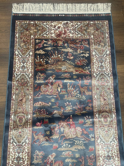 Turkish Silk Rug 2.6 x 6.7, Short Runner Rug, Blue & Ivory, Bamboo Silk, New