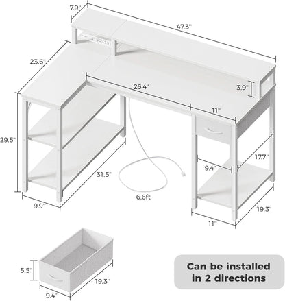 47 Inch White L Shaped Desk With LED Power Drawer Unit