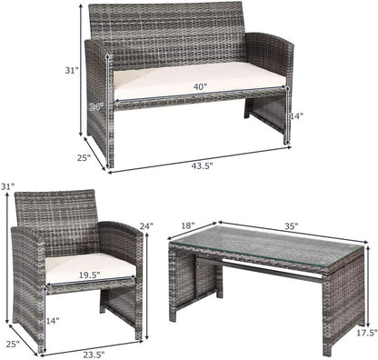 4 Piece Wicker Patio Conversation Set With Soft Cushions