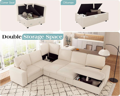 130 Inch Beige Corduroy Sectional Sofa Bed Storage Compartment