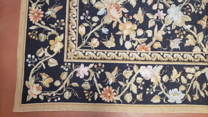 6x9 Vintage Needlepoint Rug Petitepoint Carpet Butterflies Floral Design Dark Brown & Tan 6 x 9 Handmade Flatweave Area Rug
