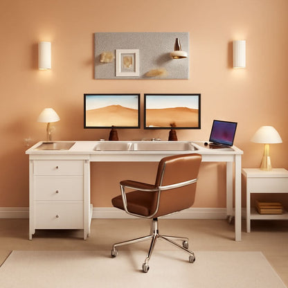 55 Inch White Computer Desk With Fabric Drawer For Home Office