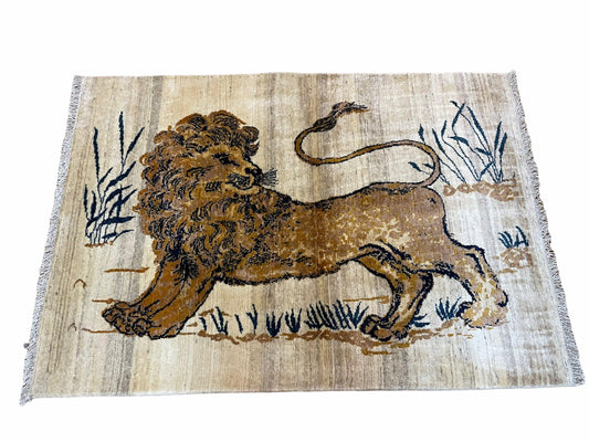 3.5 X 4 Handmade Hand-Knotted New Vintage Rug Quality Wool Lion Organic Dyes