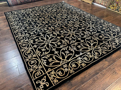 Tibetan Rug 8x10, Wool and Silk, Raised Pattern, Black and Gold, Floral